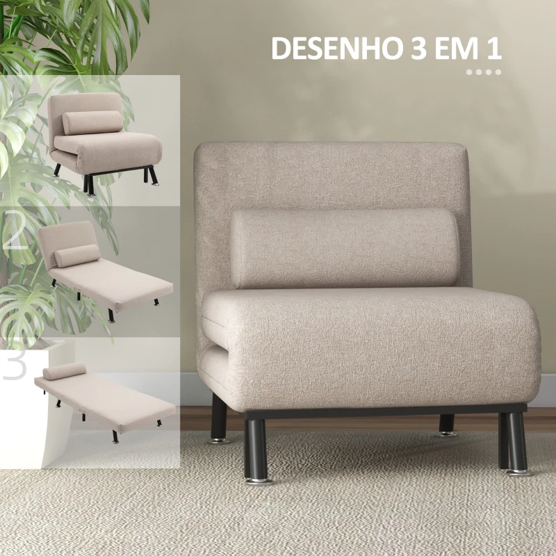 HOMCOM Sofá Cama Individual Dobrável Estofado em Linho com Encosto Ajustável em 5 Níveis e Almofada Acolchoada 75x70x75 cm Bege