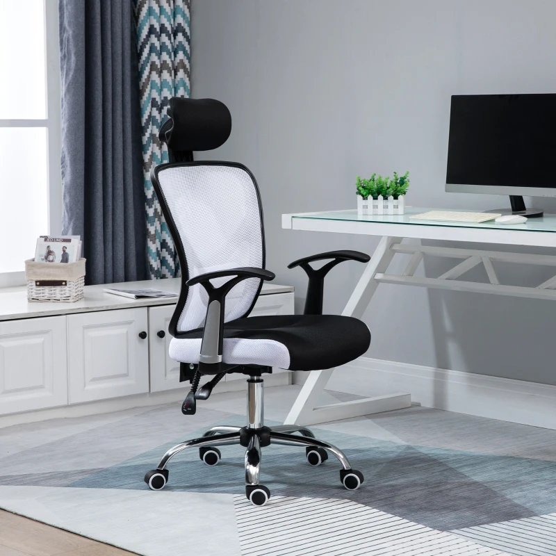 Vinsetto Silla de Escritorio Giratoria Silla de Oficina con Altura Ajustable Respaldo Reclinable Reposacabezas Regulable y Soporte Lumbar Tapizado en Malla Transpirable Blanco