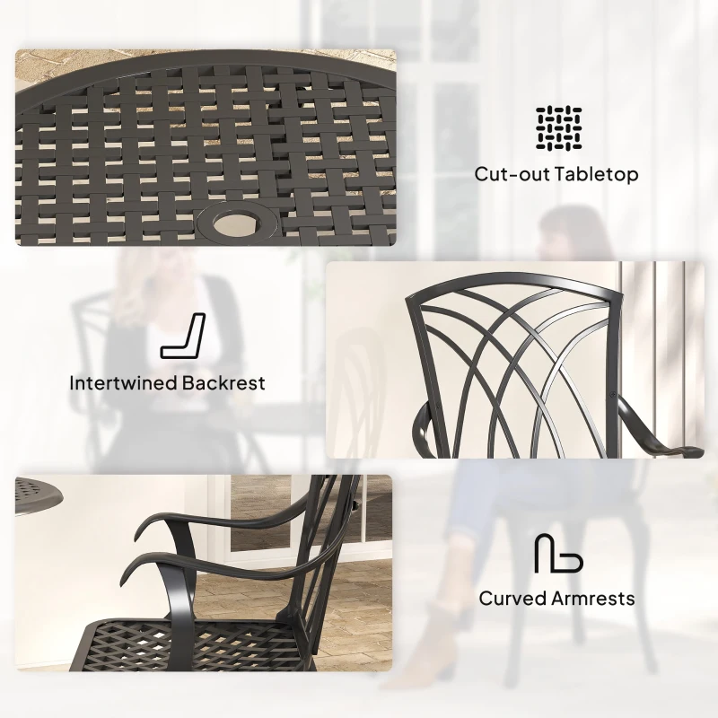 Outsunny 3 Pieces Garden Dining Set for 2, Cast Aluminium Outdoor Dining Set with 2 Armchairs and Round Dining Table with Parasol Hole, Garden Furniture Set, Brown