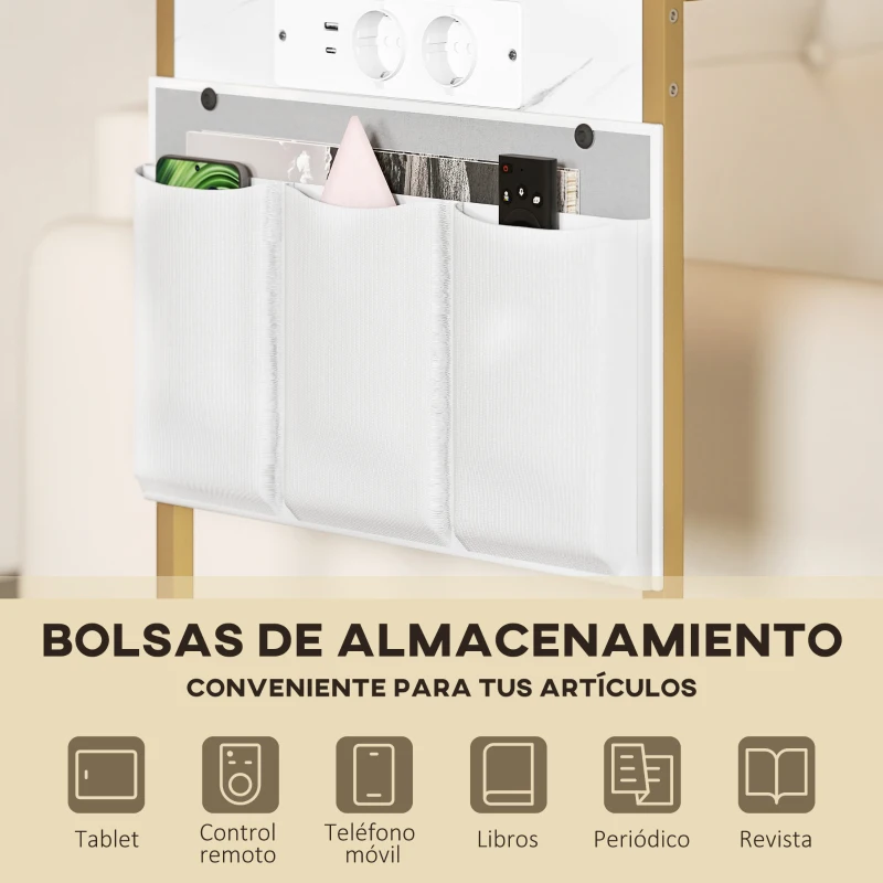 HOMCOM Mesa Auxiliar Estilo Marmolizado con Cargador USB y Espacio de Almacenaje 25,5x40x71 cm Blanco y Dorado