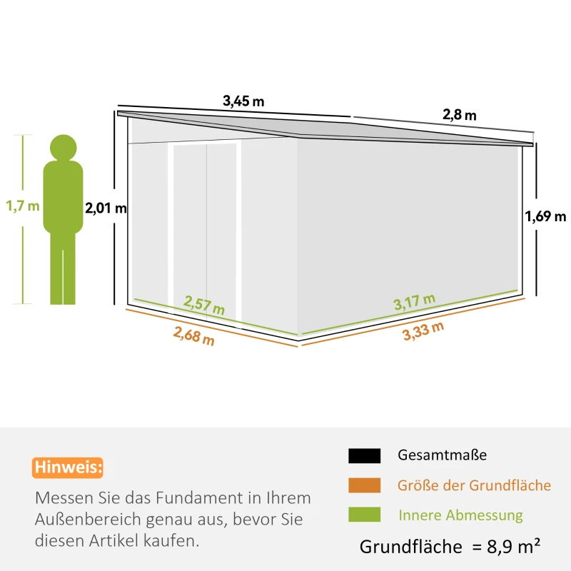 Outsunny Metall-Geräteschuppen Schrägdach verriegelbare Doppeltür 2,8 x 3,45 x 2,01m Grün(m-3)