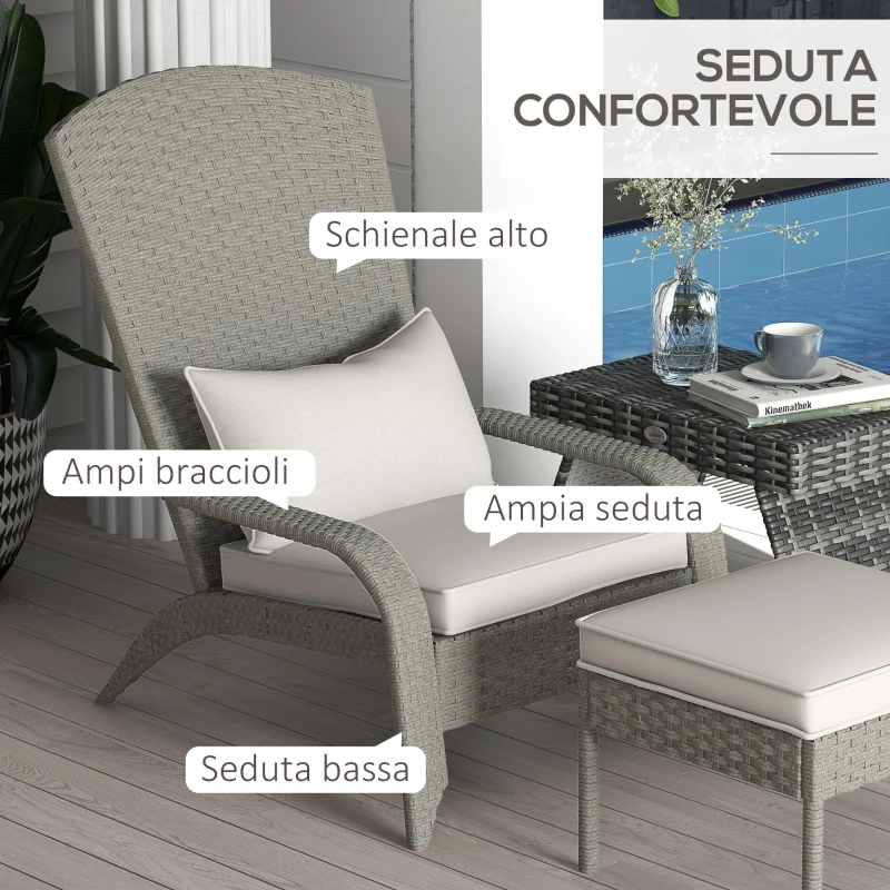 Outsunny Sedia da Giardino con Poggiapiedi e Cuscini Imbottiti, in Rattan e Acciaio, 64x82x89 cm, Grigio e Crema