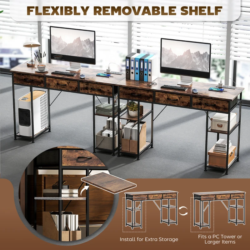 HOMCOM 120cm Computer Desk with Power Outlets, Office Desk Study Table with Fabric Drawers and Storage Shelves, Rustic Brown