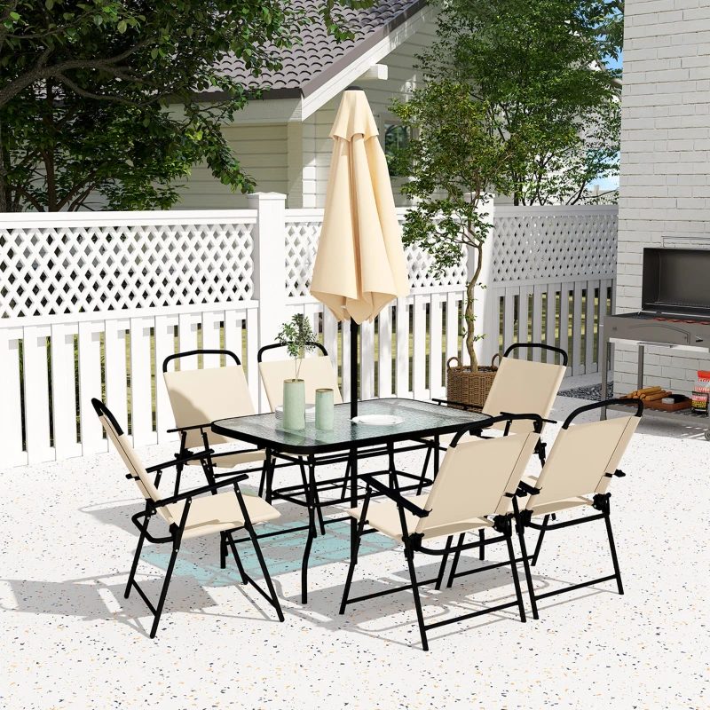 Outsunny 8 Pieces Garden Dining Set with Umbrella, Patio Sets with Parasol with 6 Foldable Chairs, Glass Top Table, and Sun Parasol, Beige