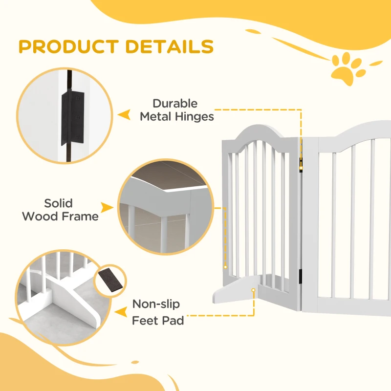 PawHut Składana bramka zabezpieczająca dla psów, 4 panele, dla schodów, korytarzy, drzwi, MDF/Drewno lite, Biała
