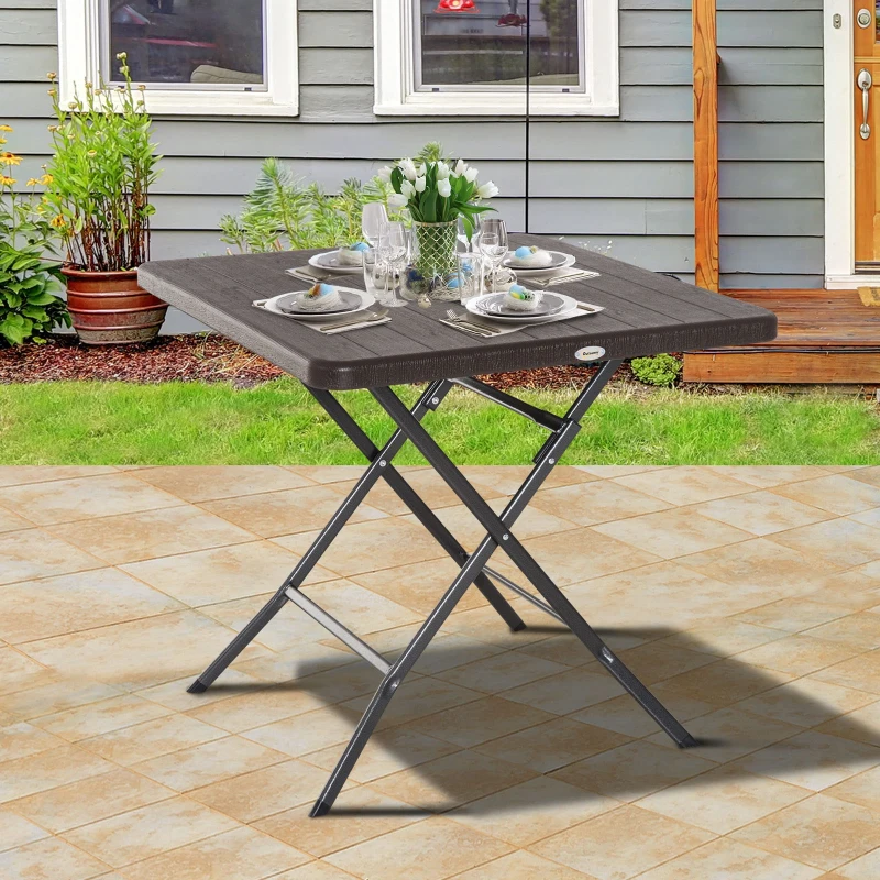 Outsunny Table de Jardin Pliable Table Pliante carrée dim. 78L x 78l x 74H cm métal époxy HDPE Imitation Bois Chocolat