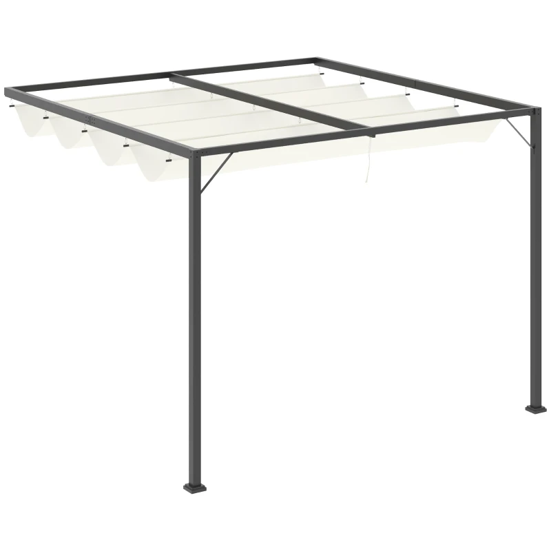 Outsunny Pergola adossable retractable dim. 3L x 3l x 2,3H m pavillon de jardin toile polyester haute densité crème structure métal époxy gris