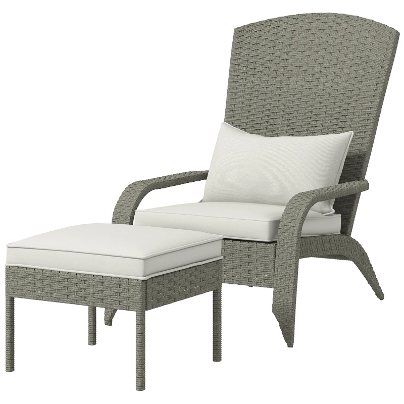Outsunny Sedia da Giardino con Poggiapiedi e Cuscini Imbottiti, in Rattan e Acciaio, 64x82x89 cm, Grigio e Crema