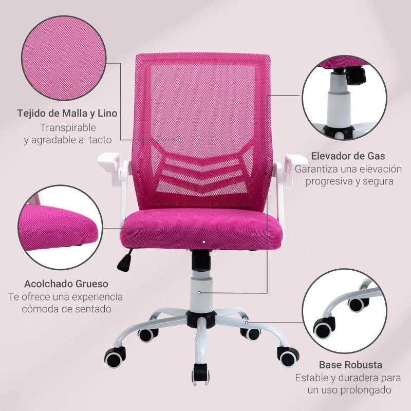 Vinsetto Silla de Oficina Ergonómica Silla Escritorio Giratoria con Altura Ajustable Reposabrazos Abatible Soporte Lumbar Transpirable para Adolescentes Adultos 62,5x55x94-104 cm Rosa