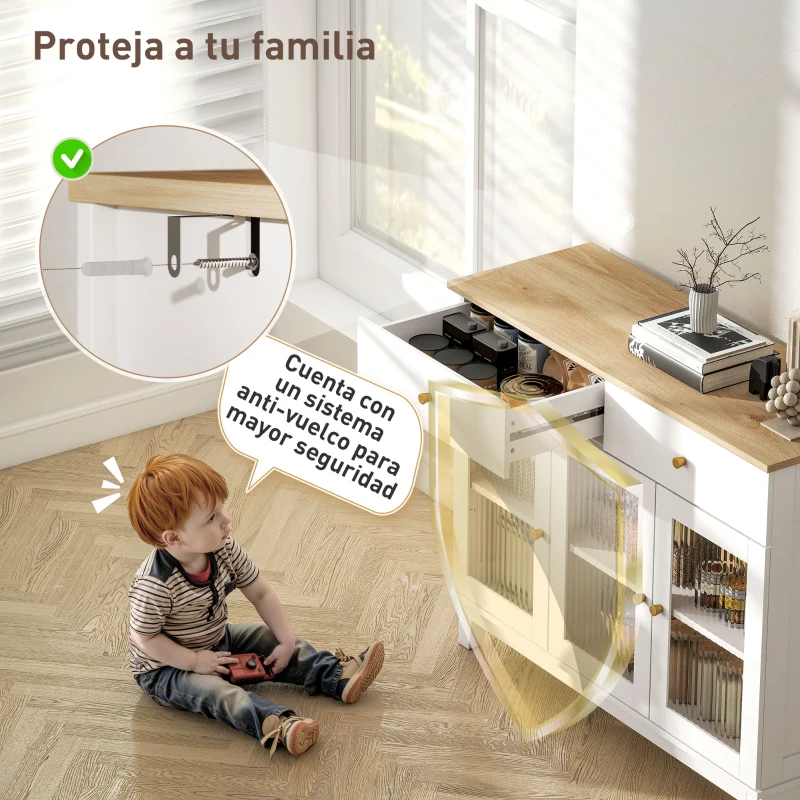 HOMCOM Aparador para Salón Moderno con 3 Puertas de Vidrio Estriado 2 Cajones y Estantes Ajustables 100x35x80,3 cm Blanco