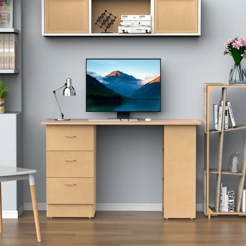 HOMCOM Mesa de Ordenador Escritorio para Hogar Oficina 3 Cajones 3 Estantes Mobiliario de Oficina 120x49x72cm Madera Natural