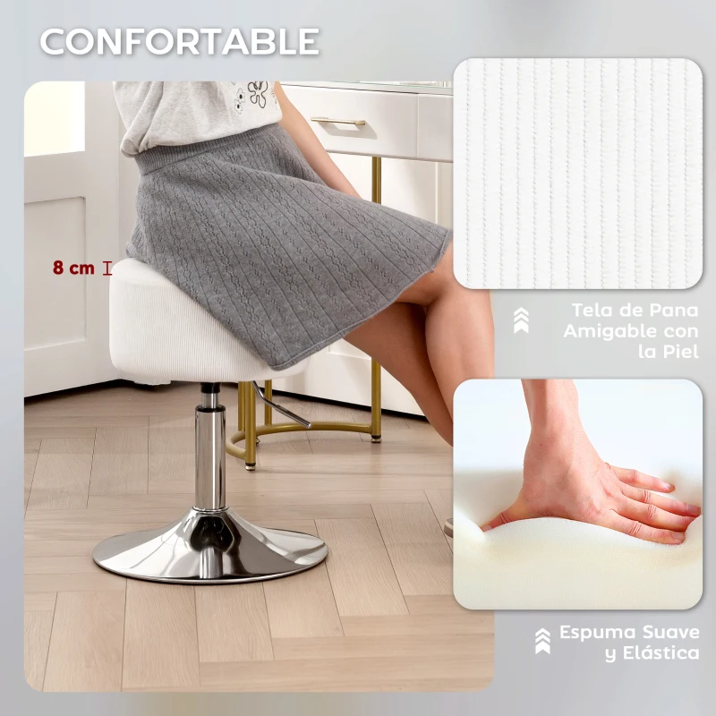 HOMCOM Taburete de Cocina Regulable en Altura 52-66 cm Tapizado en Pana Giratorio en 360° Blanco