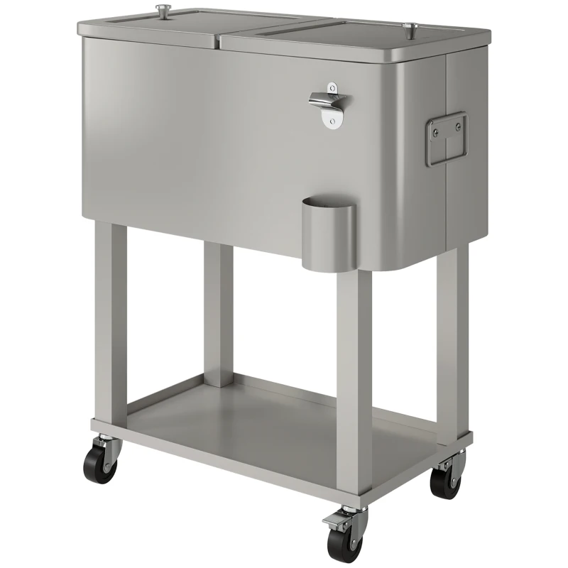 Outsunny Carrinho Refrigerador de Bebidas de 56L com Rodas Abridor de Garrafas e Prateleira para Pátio Festas 67x35x80 cm Cinzento Claro