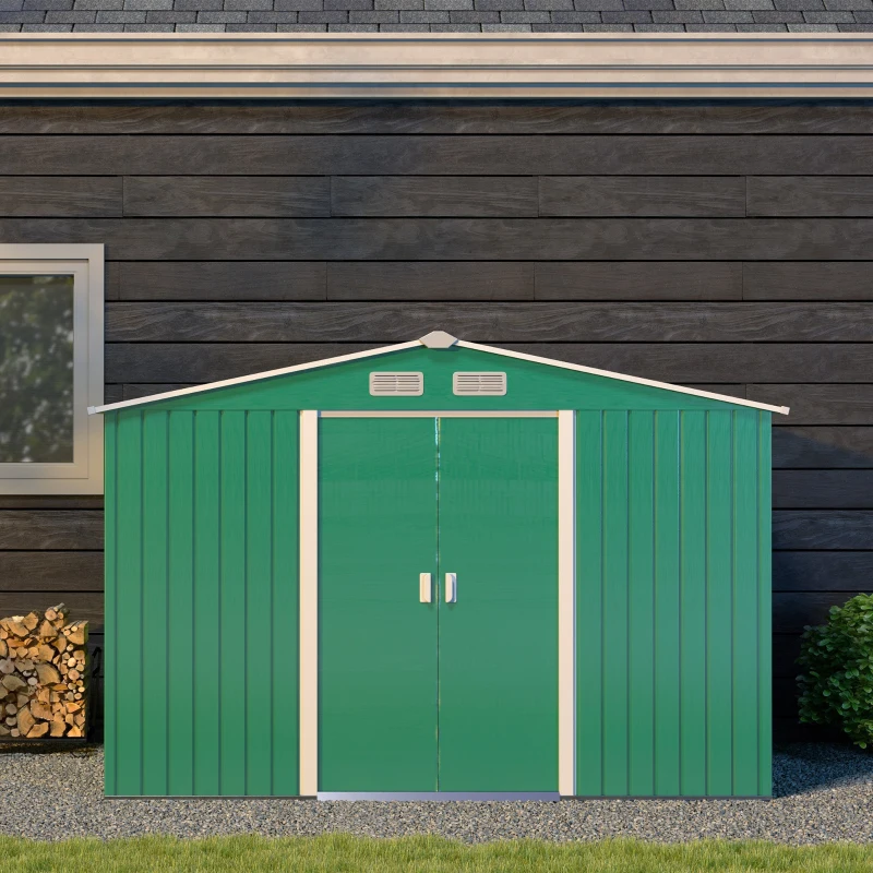 Outsunny Abrigo de Jardim Exterior 4,83m² 277x195x192cm Abrigo e Jardim Metálico para Armazenamento de Ferramentas com Base Incluída e 4 Janelas Verde Escuro