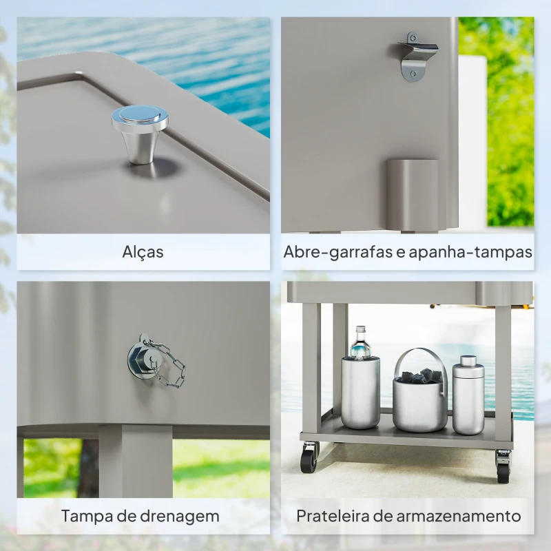Outsunny Carrinho Refrigerador de Bebidas de 56L com Rodas Abridor de Garrafas e Prateleira para Pátio Festas 67x35x80 cm Cinzento Claro