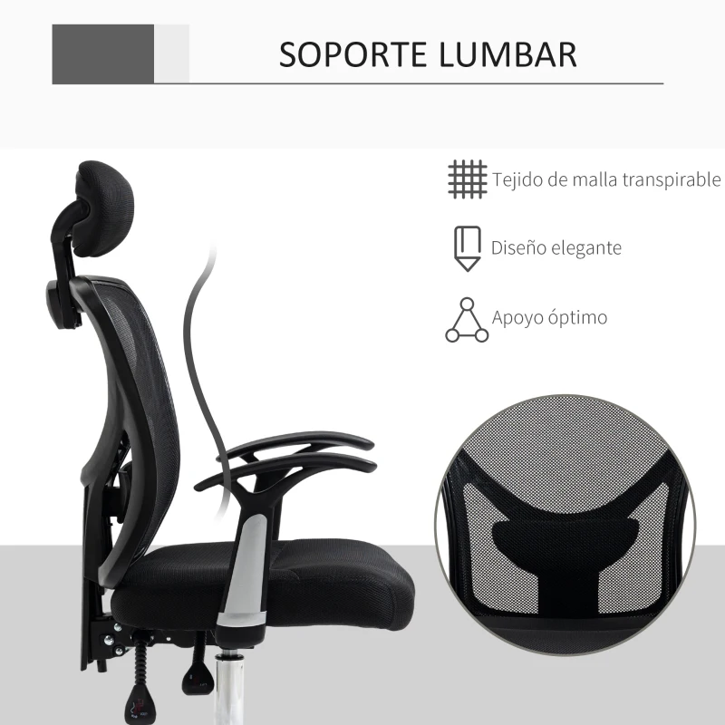 Vinsetto Silla de Escritorio Giratoria Silla de Oficina con Altura Ajustable Respaldo Reclinable Reposacabezas Regulable y Soporte Lumbar Tapizado en Malla Transpirable Negro