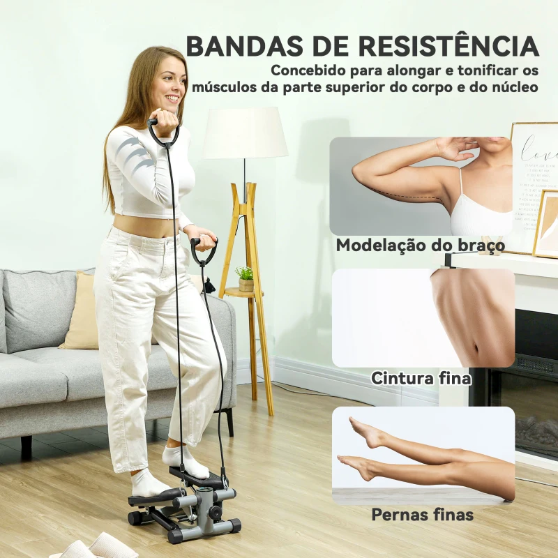 SPORTNOW Mini Step Máquina de Step Compacta com Bandas de Resistência Monitor LCD Pedais Antiderrapantes e Ajustáveis em Altura 41x30,5x18,5 cm Cinza