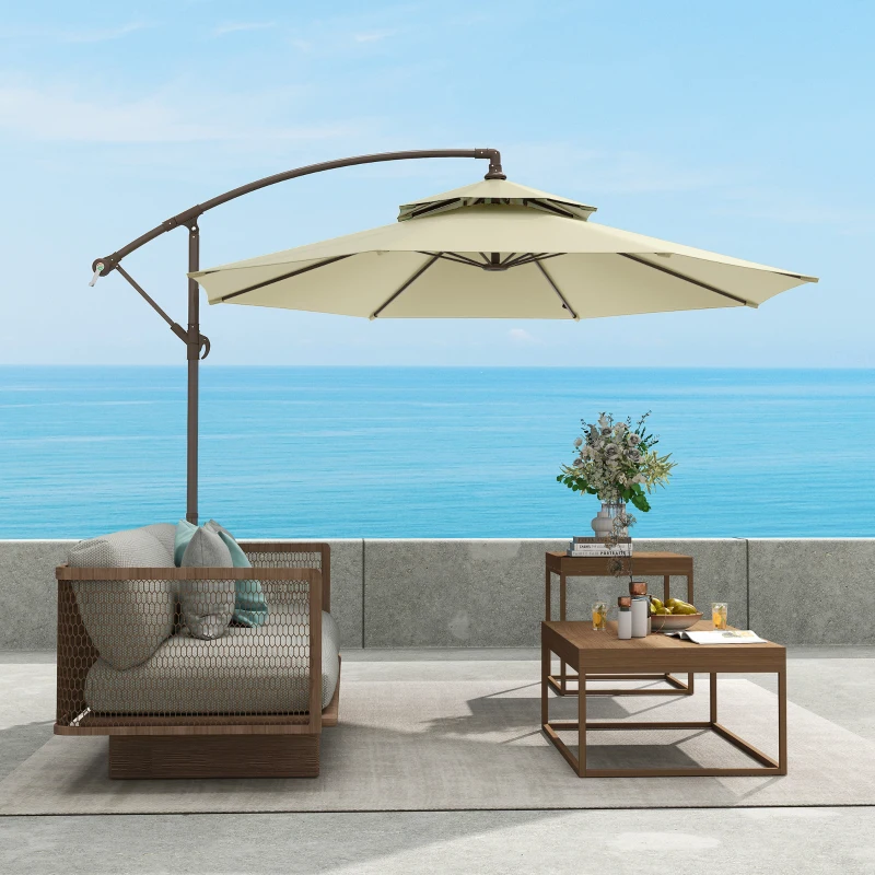 Outsunny 2.7m Garden Banana Parasol Cantilever Umbrella with Crank Handle, Double Tier Canopy and Cross Base for Outdoor, Hanging Sun Shade, Beige