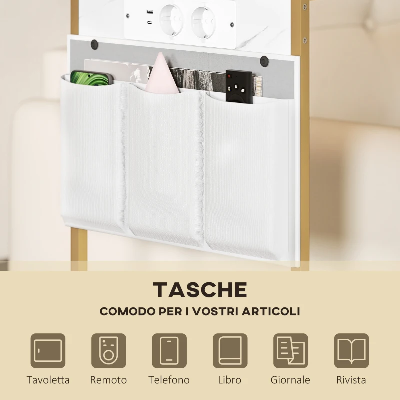 HOMCOM Tavolino da Salotto a Forma di C Effetto Marmo con Prese di Corrente e USB Integrate, Bianco