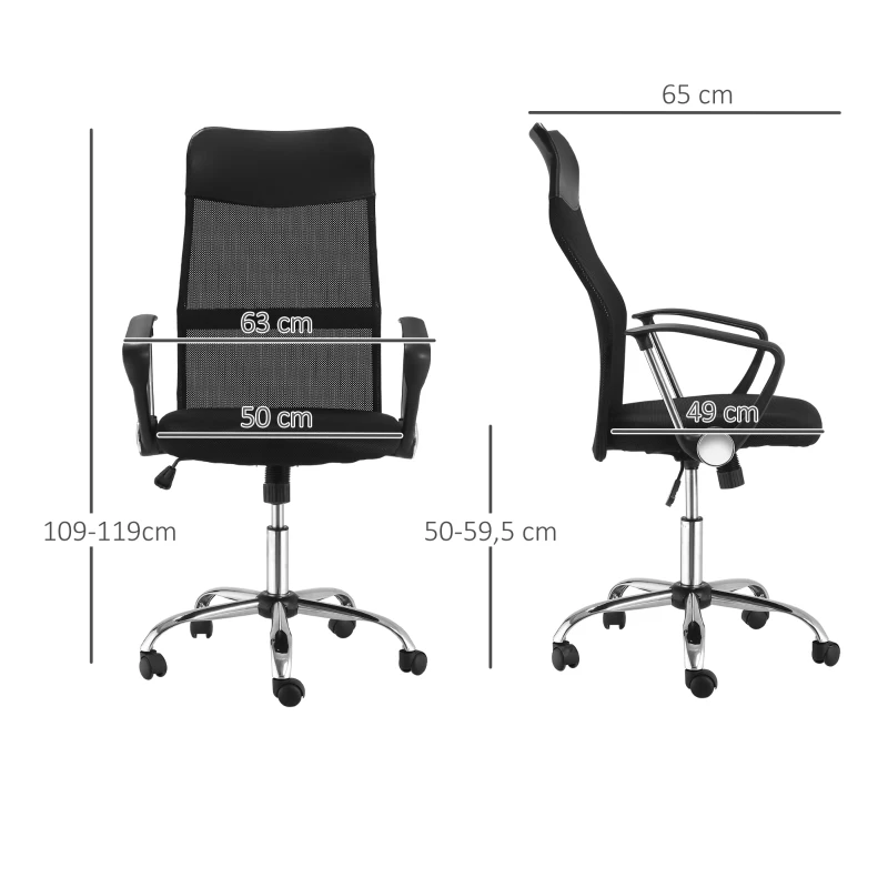 HOMCOM Silla de Oficina Giratoria Ergonómica Sillón de Escritorio de Malla con Ruedas de PVC Respaldo Alto Carga 120kg Negro