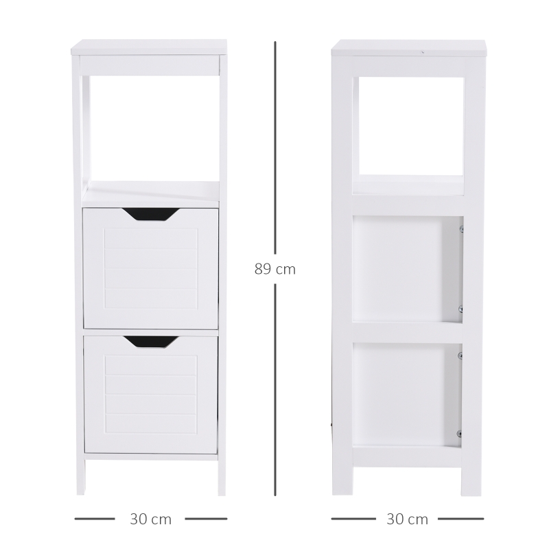 kleankin Armario de Baño Gabinete Multifuncional con Estante Abierto 2 Cajones de Almacenaje Diseño Antivuelco 30x30x89 cm Blanco