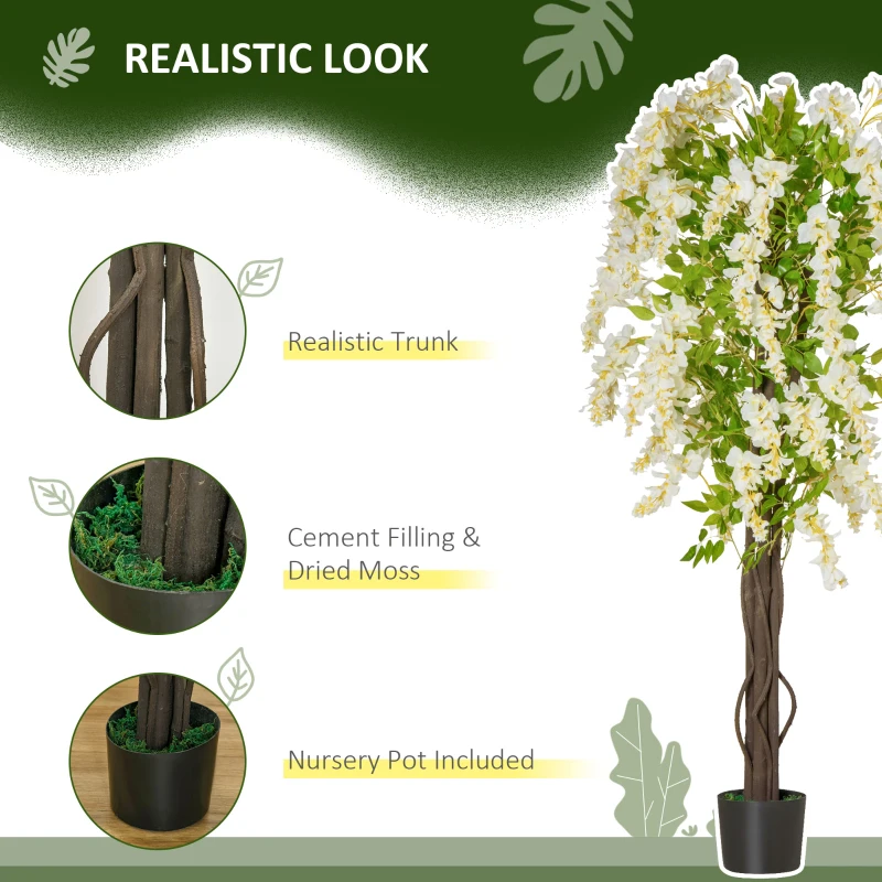 HOMCOM Artificial Realistic White Wisteria Tree Faux Decorative Plant in Nursery Pot for Indoor Décor, 160cm