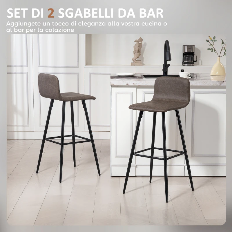 HOMCOM Set 2 Sgabelli Bar con Schienale Basso e Poggiapiedi, Rivestimento in PU e Gambe in Acciaio, Marrone Scuro