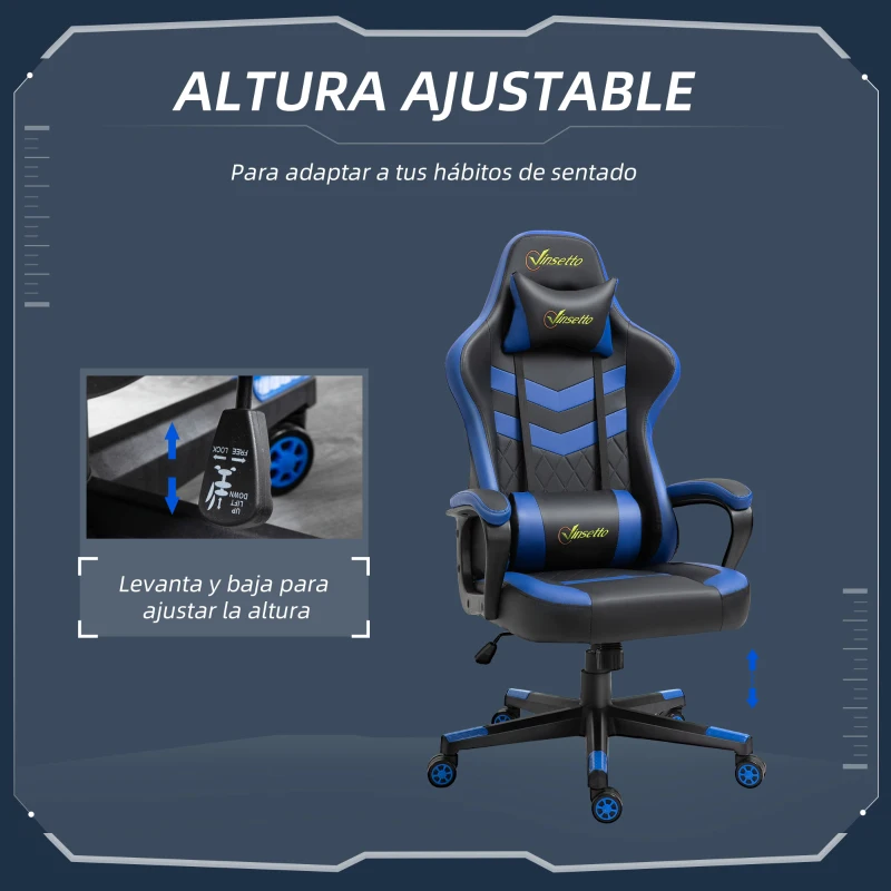 Vinsetto Silla Gaming Altura Regulable Basculante con Reposacabezas Cojín Lumbar 61x70x121-129 cm Azul