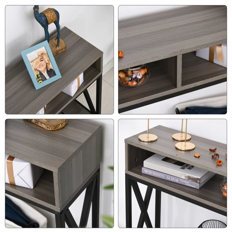 HOMCOM Mesa Consola Estilo Industrial Vintage con 3 Estantes y Marco Metálico para Entrada Pasillo 120x23,5x75 cm Gris y Negro