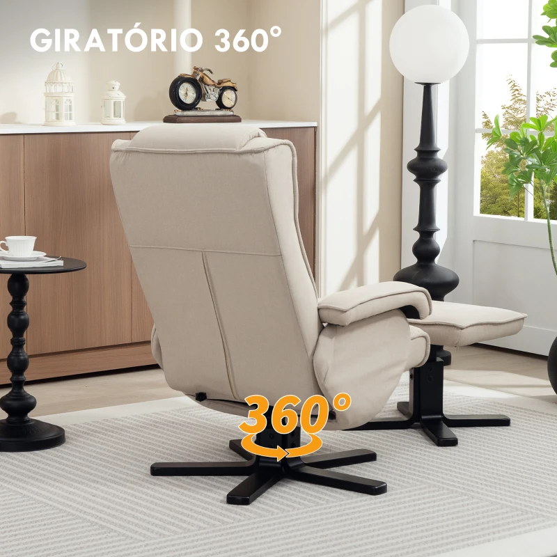 HOMCOM Poltrona Relax Reclinável com Apoio para os Pés Poltrona Giratória Estofada em Linho e Função Baloiço 67x87x96 cm Bege