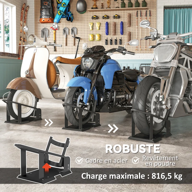 HOMCOM Bloque roue moto cale roue moto en acier support de transport avec 3 trous réglables en hauteur 27 x 71,5 x 33,5 cm noir