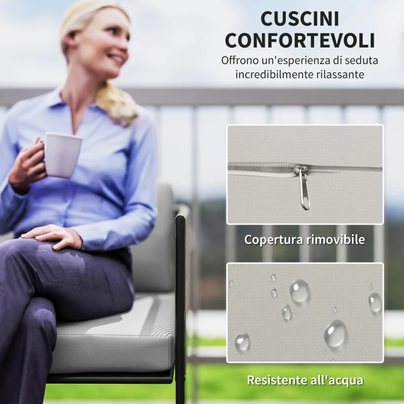 Outsunny Set da Giardino Rattan con Divanetto 2 Posti, 2 Poltrone e Tavolino in Vetro, Cuscini Sfoderabili, Grigio