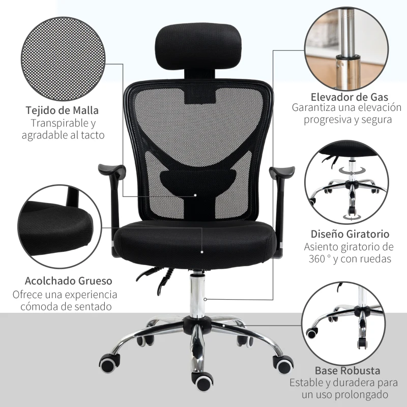 Vinsetto Silla de Escritorio Giratoria Silla de Oficina con Altura Ajustable Respaldo Reclinable Reposacabezas Regulable y Soporte Lumbar Tapizado en Malla Transpirable Negro