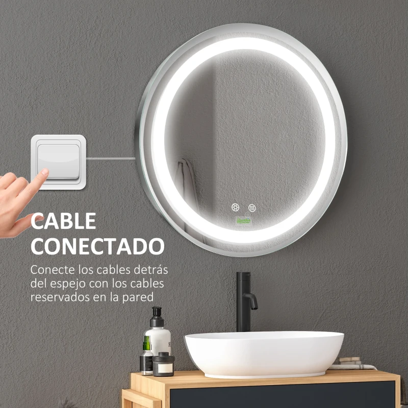 kleankin Espejo de Baño con Luz LED Táctil Función de Memoria Brillo y Color Ajustable y Antivaho Ø50x4,6 cm Plata