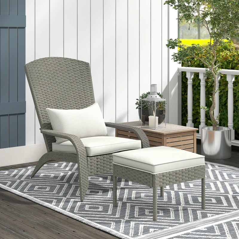 Outsunny Sedia da Giardino con Poggiapiedi e Cuscini Imbottiti, in Rattan e Acciaio, 64x82x89 cm, Grigio e Crema