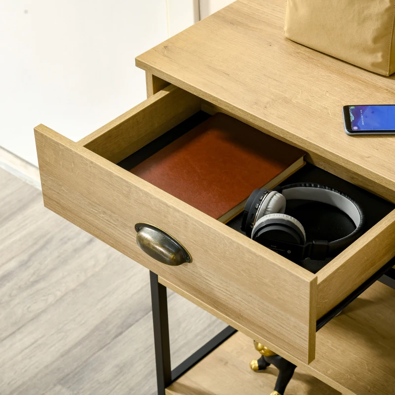 HOMCOM Mesa de Entrada con 2 Cajones y 2 Estantes de Almacenamiento Marco de Acero 100x35x79,2 cm Roble