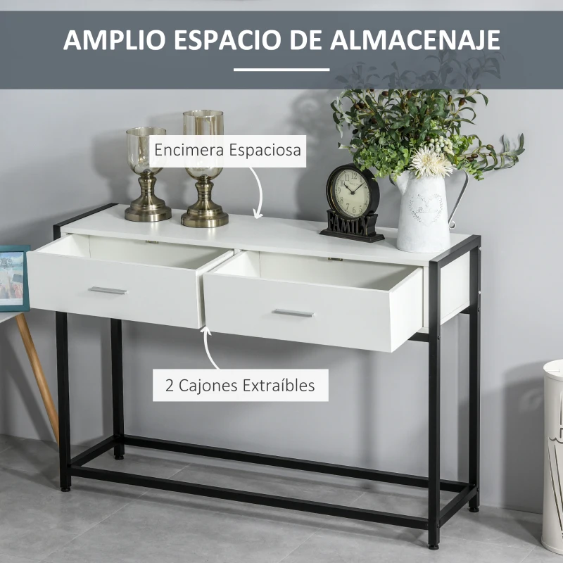 HOMCOM Mesa de Entrada con 2 Cajones y Pies Ajustables Estilo Moderno para Pasillo Salón 120x34x81 cm Blanco y Negro