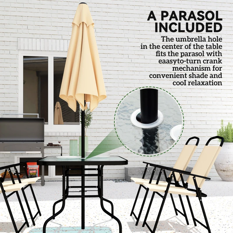 Outsunny 8 Pieces Garden Dining Set with Umbrella, Patio Sets with Parasol with 6 Foldable Chairs, Glass Top Table, and Sun Parasol, Beige