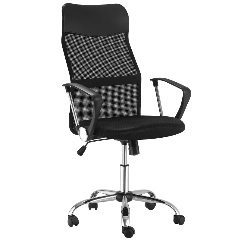 HOMCOM Silla de Oficina Giratoria Ergonómica Sillón de Escritorio de Malla con Ruedas de PVC Respaldo Alto Carga 120kg Negro