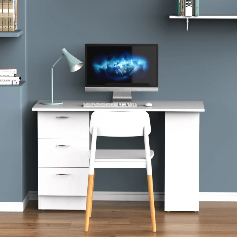 HOMCOM Mesa de Ordenador Escritorio para Hogar Oficina 3 Cajones 3 Estantes Mobiliario de Oficina 120x49x72cm Blanco(m-7)