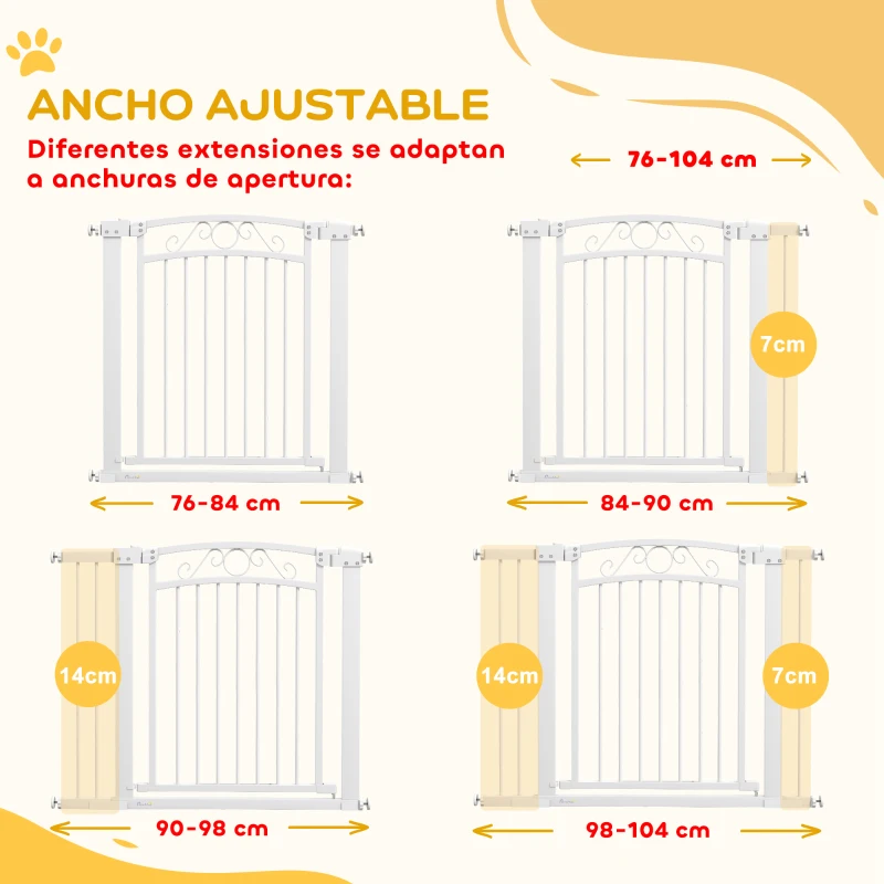 PawHut Puerta para Perros con Ancho Ajustable 76-104 cm con 2 Extensiones Doble Bloqueo Blanco