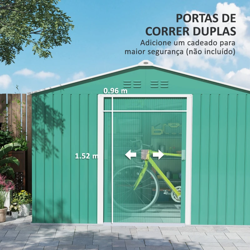 Outsunny Abrigo de Jardim 4,9 m² 277x195x192cm Abrigo Metálico para Armazenamento de Ferramentas com Base Incluída (Chão não Incluído) Verde Escuro