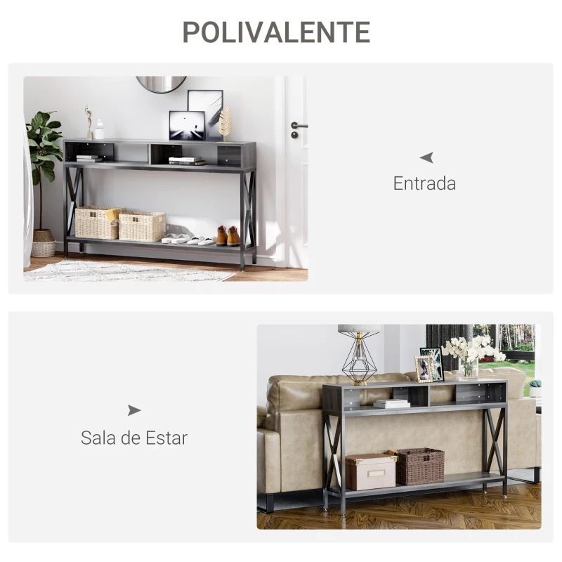 HOMCOM Mesa Consola Estilo Industrial Vintage con 3 Estantes y Marco Metálico para Entrada Pasillo 120x23,5x75 cm Gris y Negro