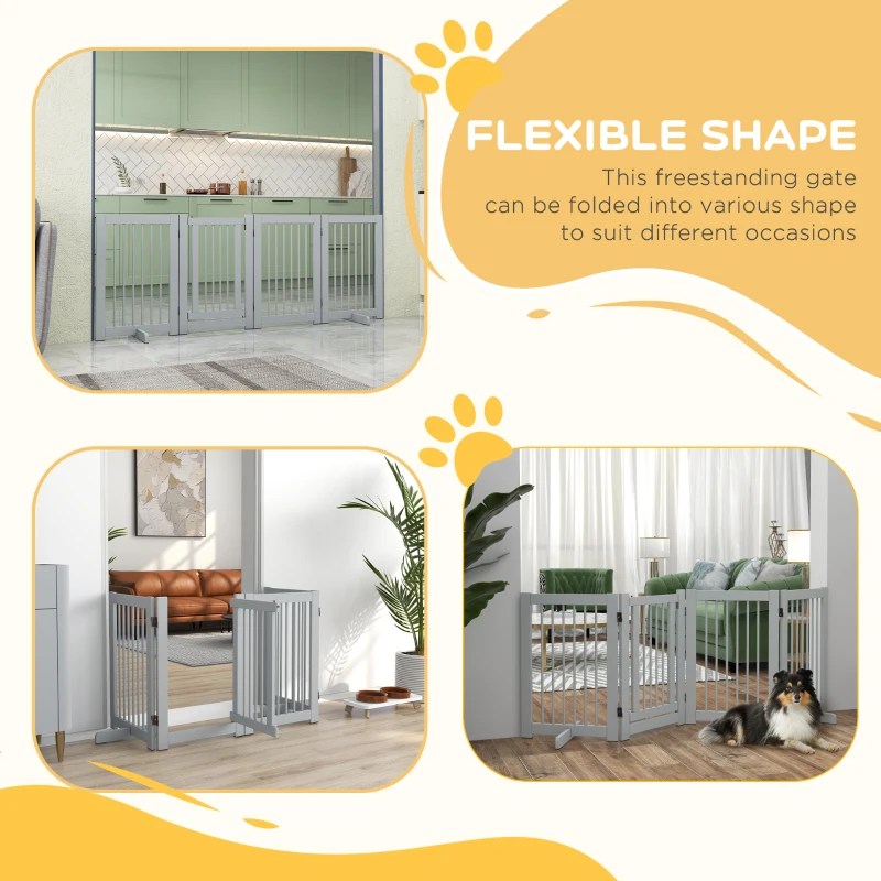 PawHut Wolnostojąca Bramka dla Psa, 4 Panele, Elastyczna, Drewno Sosnowe, 204Dł x 36S x 75W cm, Jasnoszary