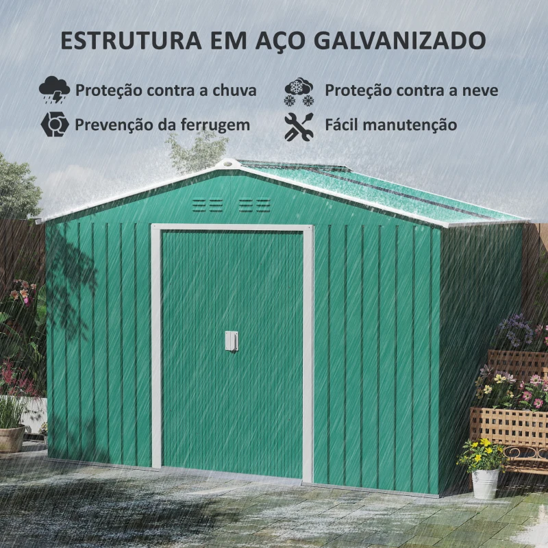 Outsunny Abrigo de Jardim 4,9 m² 277x195x192cm Abrigo Metálico para Armazenamento de Ferramentas com Base Incluída (Chão não Incluído) Verde Escuro