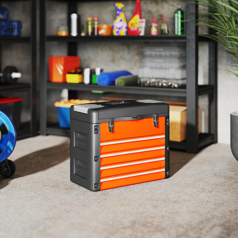 HOMCOM Werkzeugkiste leer, 49,7 x 25,3 x 40,7 cm Werkzeugkasten mit 4 Schubladen, Mini-Box Stahl Orange(m-9)