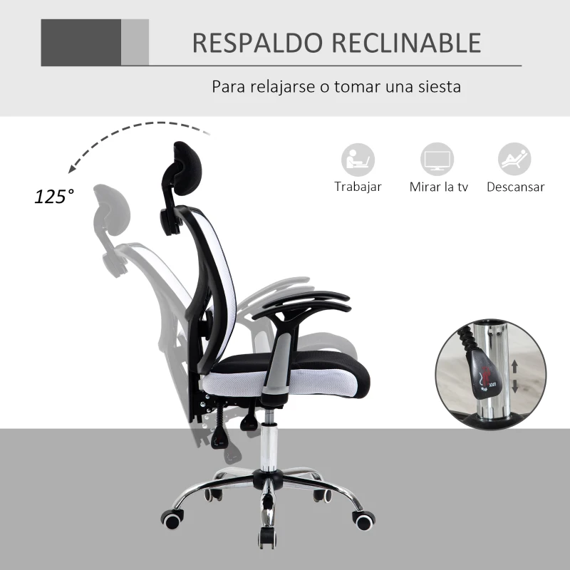 Vinsetto Silla de Escritorio Giratoria Silla de Oficina con Altura Ajustable Respaldo Reclinable Reposacabezas Regulable y Soporte Lumbar Tapizado en Malla Transpirable Blanco