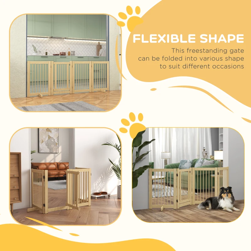 PawHut Wolnostojąca bramka dla psów, 4 panele, elastyczna, z drewna sosnowego, 204 dł. x 36 szer. x 75 wys. cm, kolor naturalny
