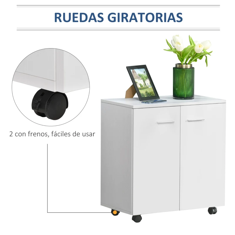 HOMCOM Mesa Armario Movil Mueble TV de Madera Con Ruedas y 2 Puertas Consola Cajonera 60x35x65cm