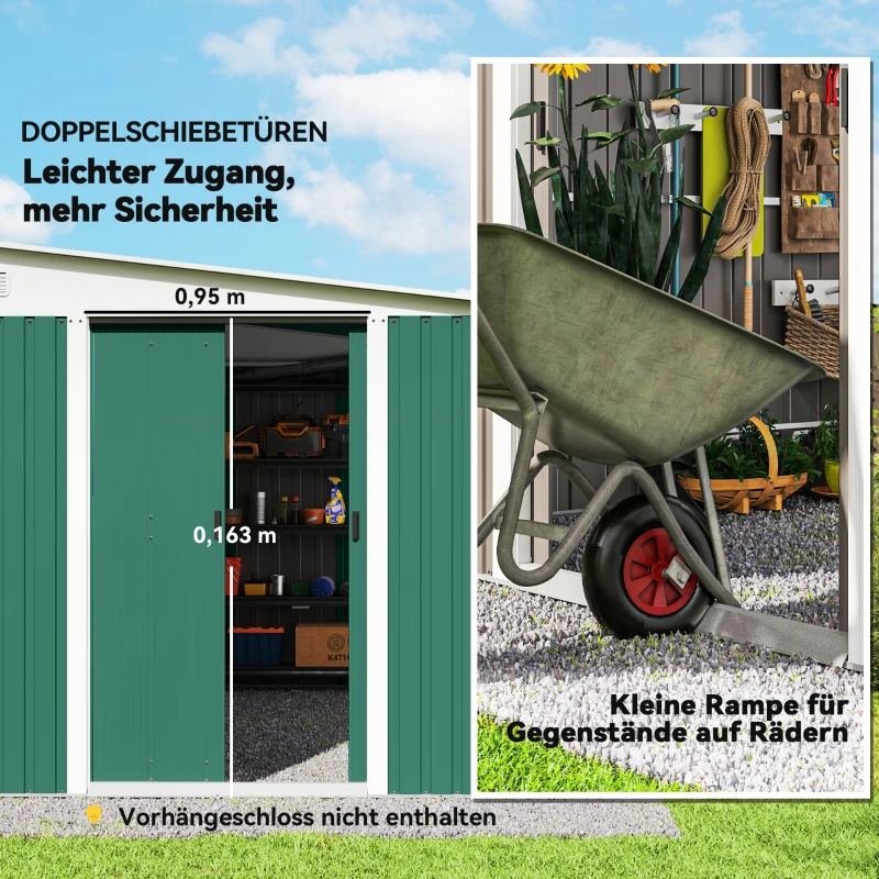 Outsunny Metall-Geräteschuppen Schrägdach verriegelbare Doppeltür 2,8 x 3,45 x 2,01m Grün(m-5)